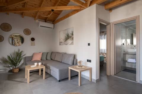 Σαλόνι με γωνιακό καναπέ και air-condition στο Amira House